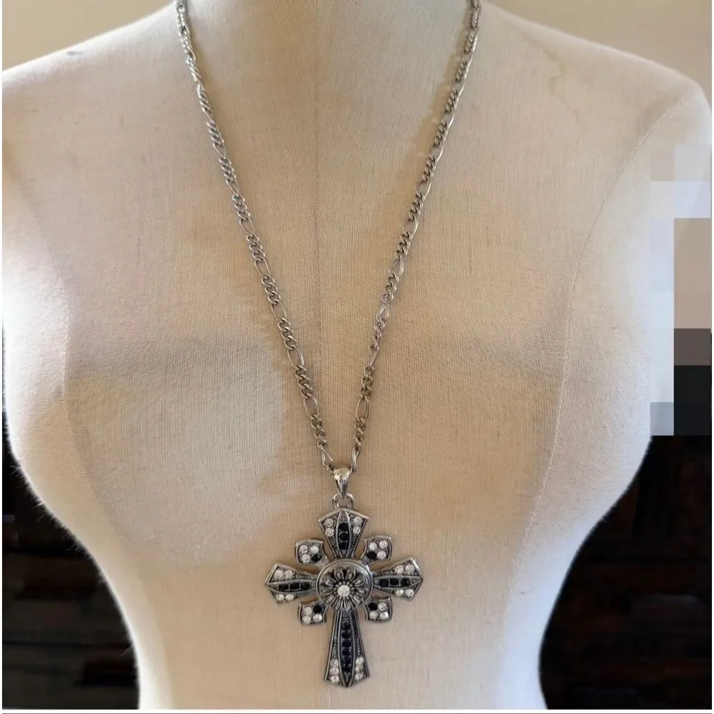 Silver Tone Rhinestone Cross Pendant Necklace Black & Clear Statement